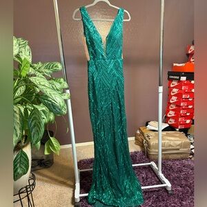 Deep Emerald Sequin Plunge Evening Gown